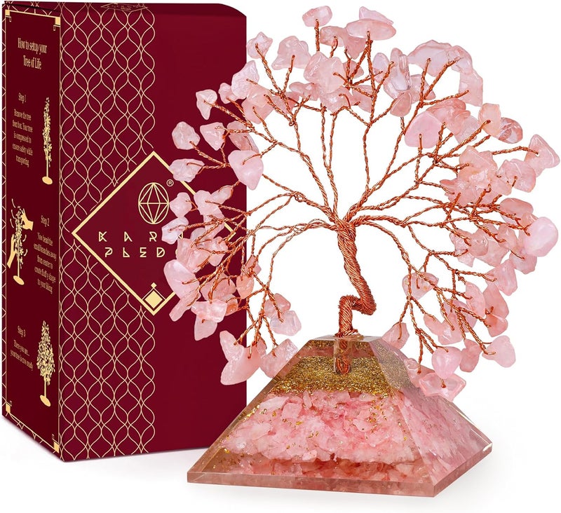 KARMAPLEDGE Rose Quartz Crystal Tree Good Luck Birthday Gifts for Womens, Mom, Home and Office Desk Decor, Pyramid Base Reiki Healing Stones & Chakra Tree of Life for Positive Energy, Money, Sucess - Image 1